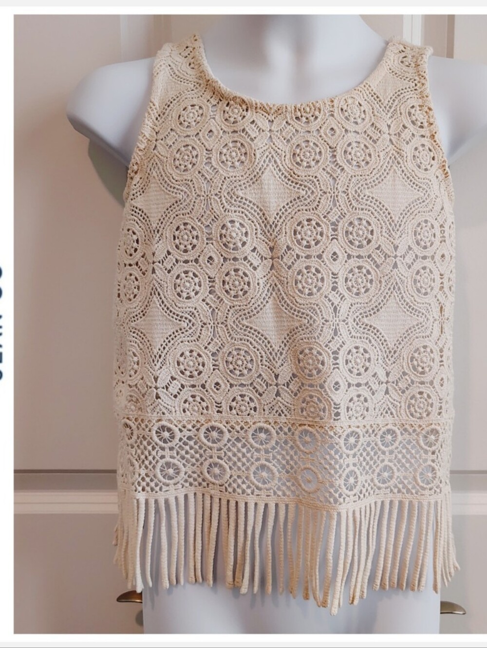 Cream Lace Overlay Boho Fringe Top